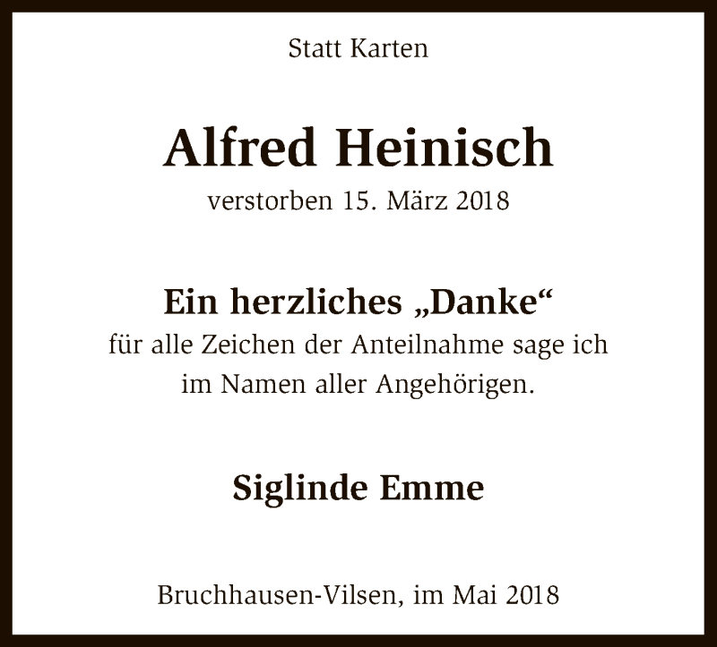  Traueranzeige für Alfred Heinisch vom 16.05.2018 aus SYK