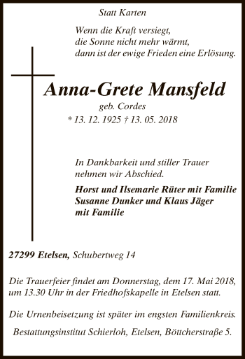 Traueranzeige von Anna-Grete Mansfeld von SYK