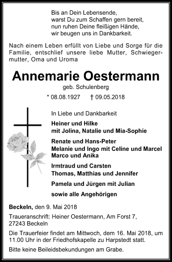 Traueranzeige von Annemarie Oestermann von SYK