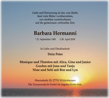 Traueranzeige von Barbara Hermanni von SYK