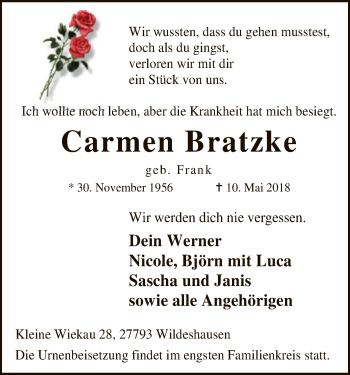 Traueranzeige von Carmen Bratzke von SYK
