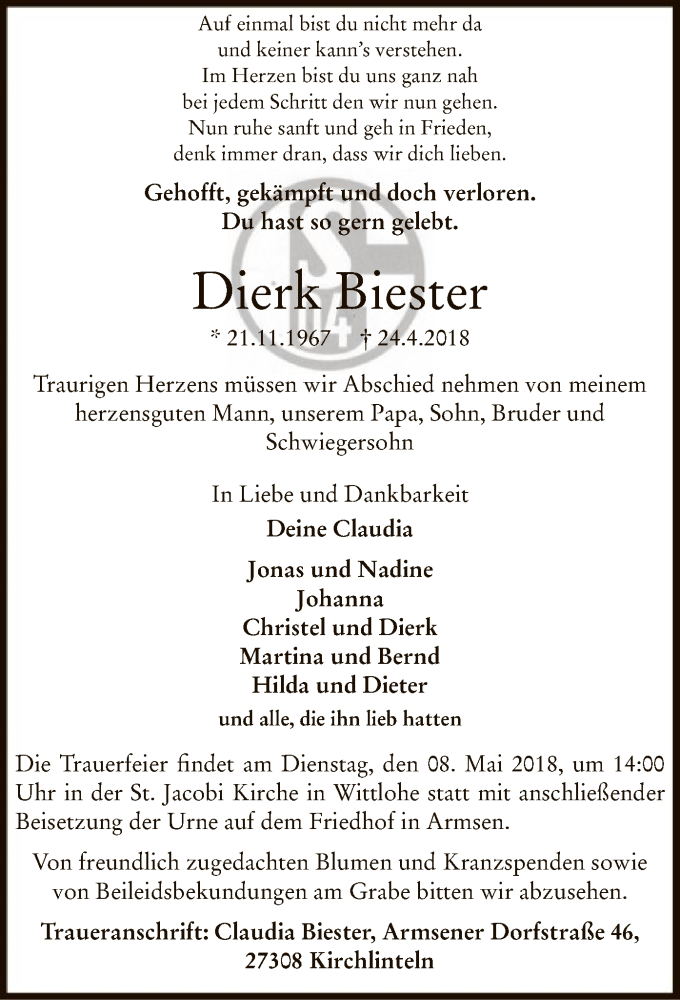  Traueranzeige für Dierk Biester vom 02.05.2018 aus SYK