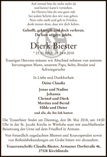 Traueranzeige von Dierk Biester von SYK