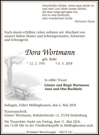 Traueranzeige von Dora Wortmann von SYK