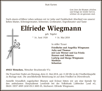 Traueranzeige von Elfriede Wiegmann von SYK