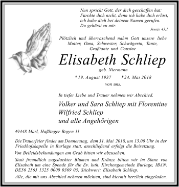 Traueranzeige von Elisabeth Schliep von SYK