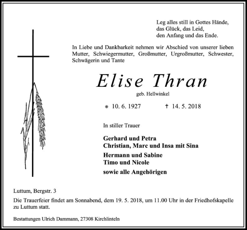  Traueranzeige für Elise Thran vom 16.05.2018 aus SYK