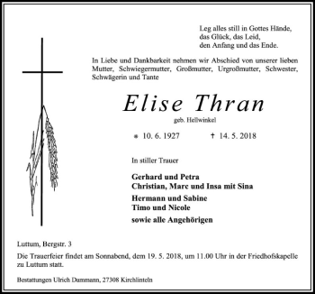 Traueranzeige von Elise Thran von SYK