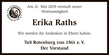 Traueranzeige von Erika Raths von SYK