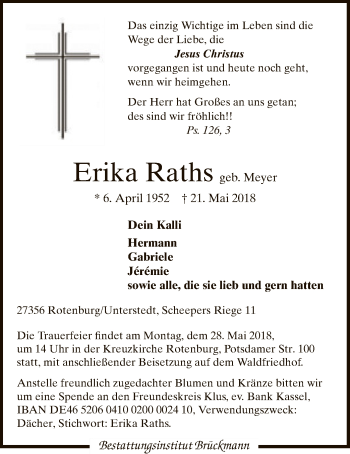 Traueranzeige von Erika Raths von SYK