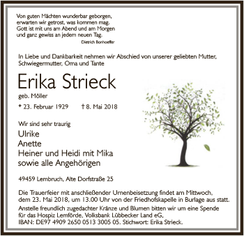 Traueranzeige von Erika Strieck von SYK