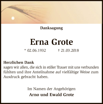 Traueranzeige von Erna Grote von SYK