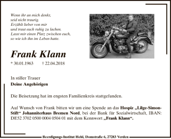 Traueranzeige von Frank Klann von SYK