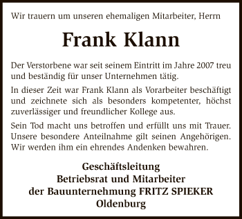 Traueranzeige von Frank Klann von SYK