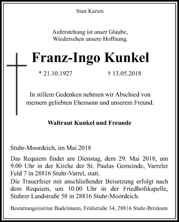 Traueranzeige von Franz-Ingo Kunkel von SYK