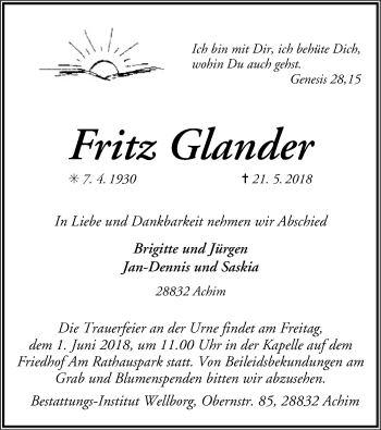 Traueranzeige von Fritz Glander von SYK