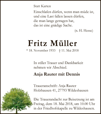 Traueranzeige von Fritz Müller von SYK