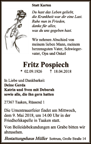 Traueranzeige von Fritz Pospiech von SYK