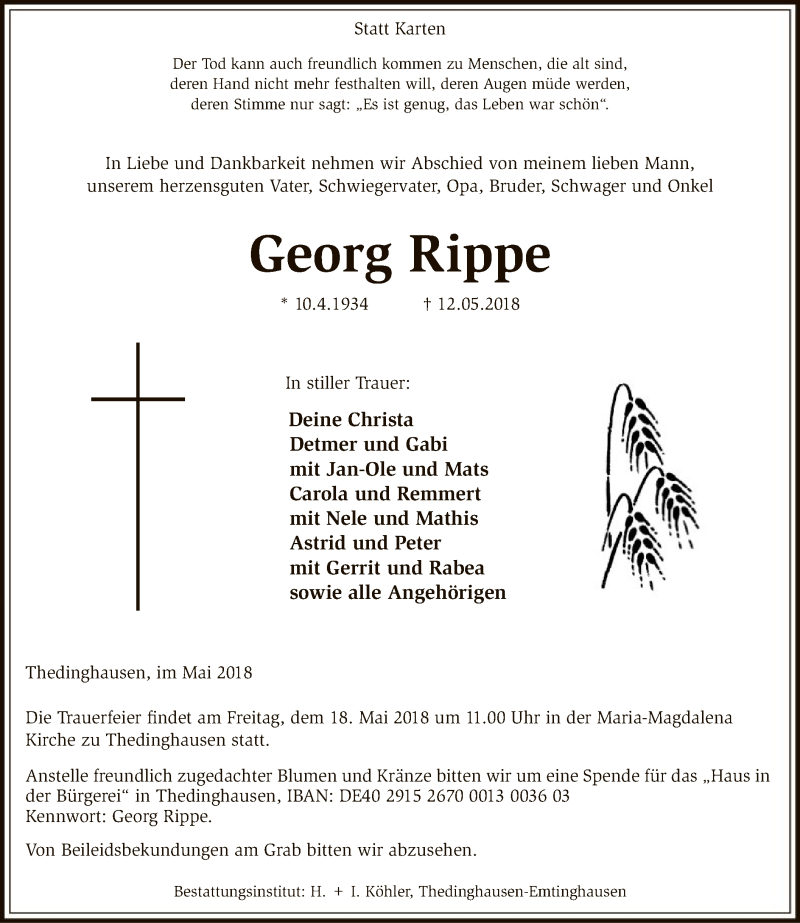  Traueranzeige für Georg Rippe vom 15.05.2018 aus SYK