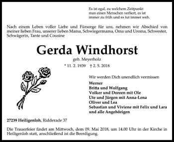 Traueranzeige von Gerda Windhorst von SYK