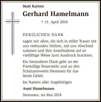 Traueranzeige von Gerhard Hamelmann von SYK