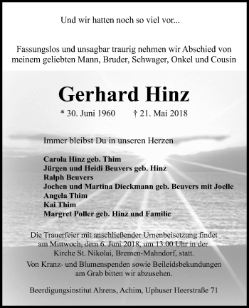 Traueranzeige von Gerhard Hinz von SYK