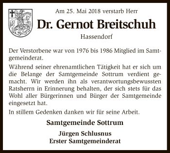 Traueranzeige von Gernot Breitschuh von SYK