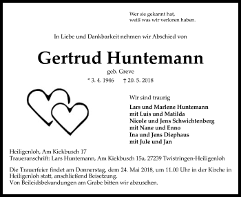 Traueranzeige von Gertrud Huntemann von SYK