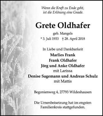 Traueranzeige von Grete Oldhafer von SYK