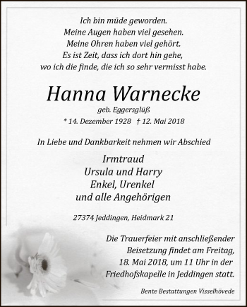 Traueranzeige von Hanna Warnecke von SYK