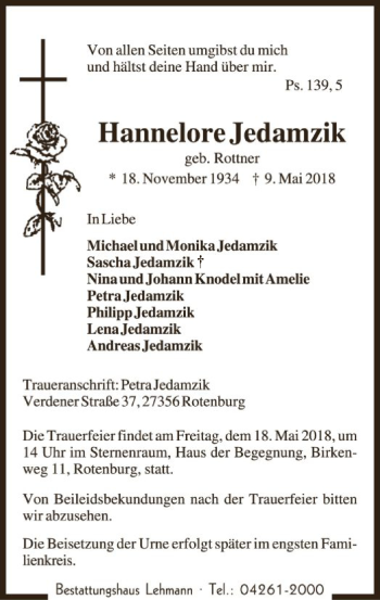 Traueranzeige von Hannelore Jedamzik von SYK