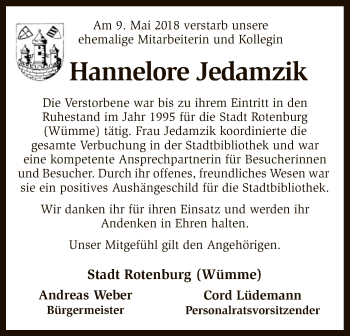 Traueranzeige von Hannelore Jedamzik von SYK