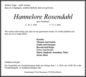 Traueranzeige von Hannelore Rosendahl von SYK