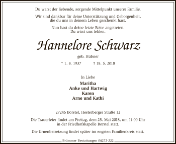 Traueranzeige von Hannelore Schwarz von SYK