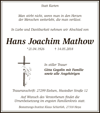 Traueranzeige von Hans Joachim Mathow von SYK