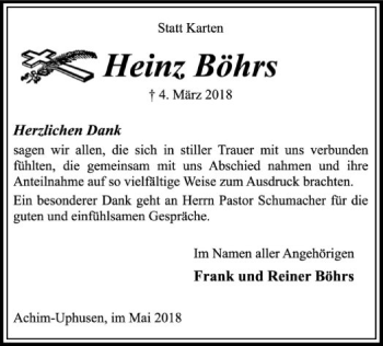 Traueranzeige von Heinz Böhrs von SYK