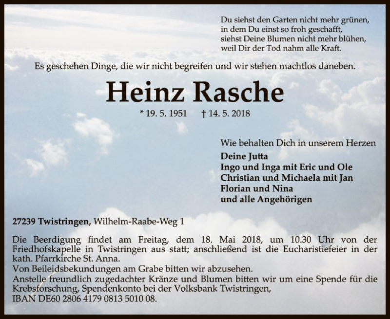  Traueranzeige für Heinz Rasche vom 15.05.2018 aus SYK