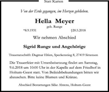 Traueranzeige von Hella Meyer von SYK