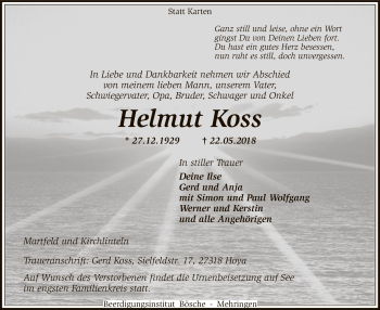 Traueranzeige von Helmut Koss von SYK