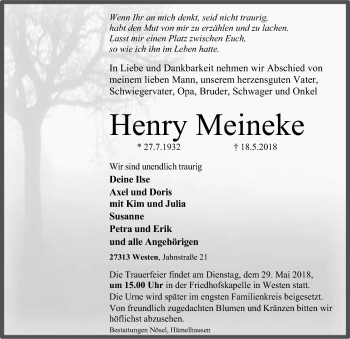 Traueranzeige von Henry Meineke von SYK