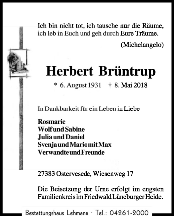 Traueranzeige von Herbert Brüntrup von SYK