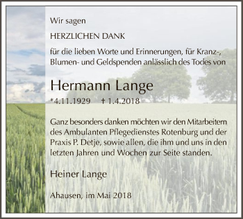 Traueranzeige von Hermann Lange von SYK