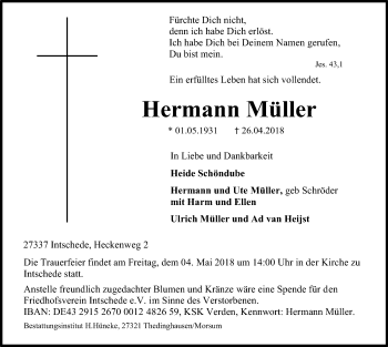 Traueranzeige von Hermann Müller von SYK