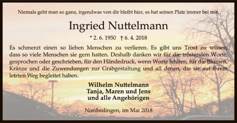  Traueranzeige für Ingried Nuttelmann vom 19.05.2018 aus SYK