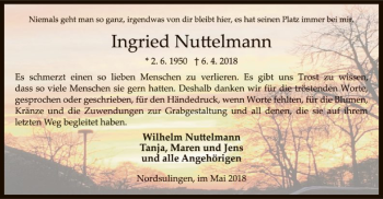 Traueranzeige von Ingried Nuttelmann von SYK