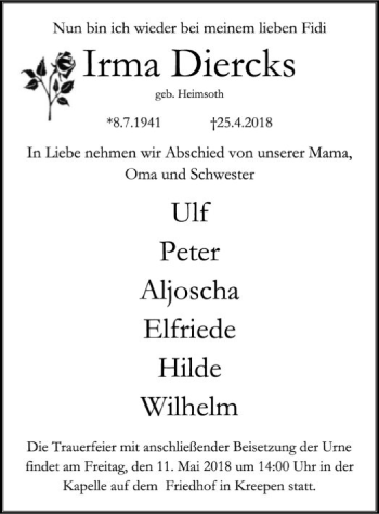 Traueranzeige von Irma Diercks von SYK