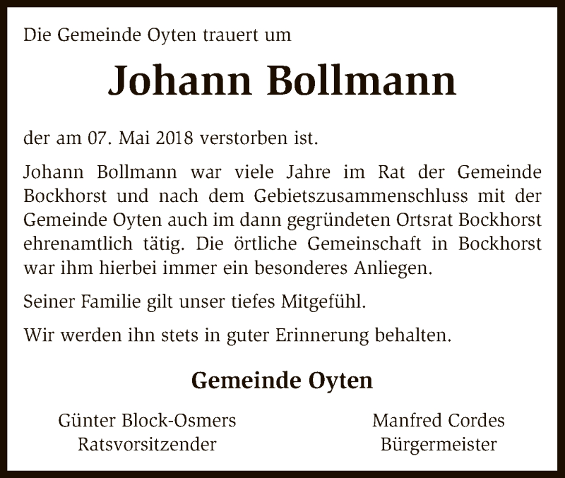  Traueranzeige für Johann Bollmann vom 09.05.2018 aus SYK