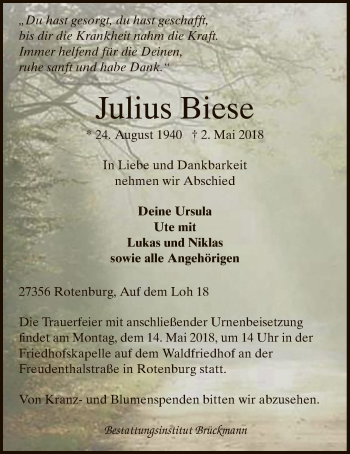 Traueranzeige von Julius Biese von SYK