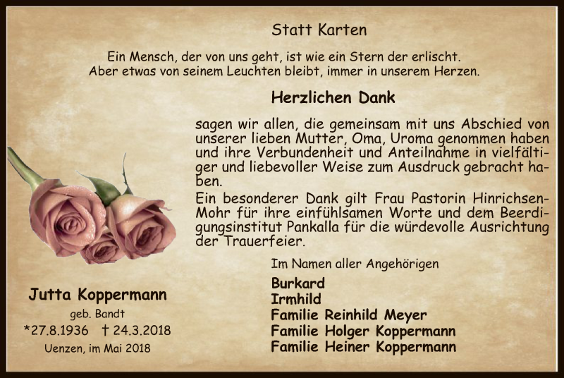  Traueranzeige für Jutta Koppermann vom 05.05.2018 aus SYK