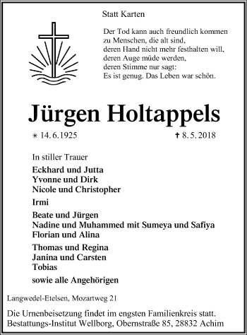 Traueranzeige von Jürgen Holtappels von SYK